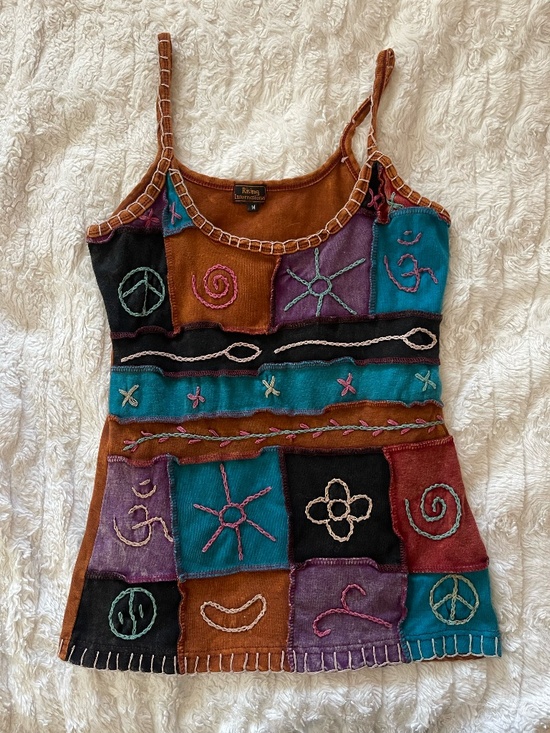 Rising International Tops - Y2K Rising International Patchwork Boho Festival Embroidered Cami Tank Top M